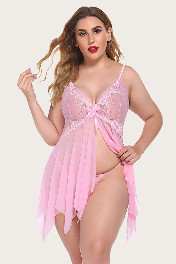 Pink lace babydoll lingerie, featuring lace cups, adjustable straps, and open front design.
