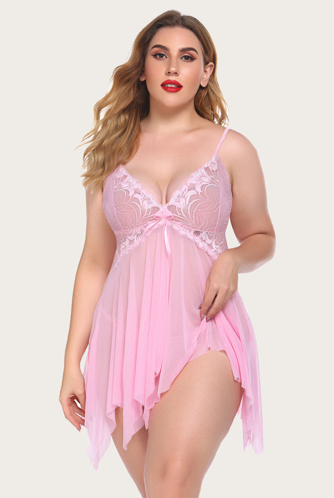 Plus size pink babydoll lingerie. Lace cups and flowing hem. Sexy and elegant for maternity.