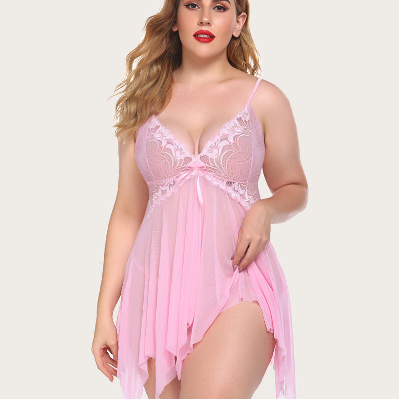 Plus size pink babydoll lingerie. Lace cups and flowing hem. Sexy and elegant for maternity.
