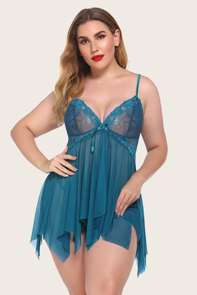 Teal lace babydoll plus size lingerie, sheer mesh, adjustable straps, perfect for maternity wear