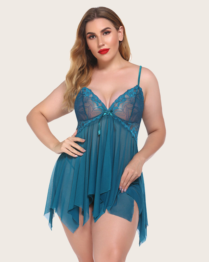Teal lace babydoll plus size lingerie, sheer mesh, adjustable straps, perfect for maternity wear