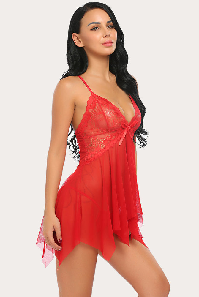 Red lace babydoll lingerie set with sheer skirt and bow detail, perfect for boudoir outfits.