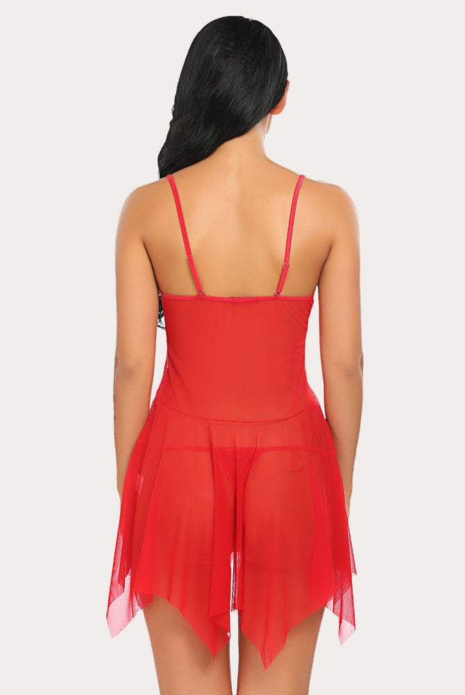 Red babydoll lingerie set with adjustable straps and sheer skirt, perfect for boudoir outfits.