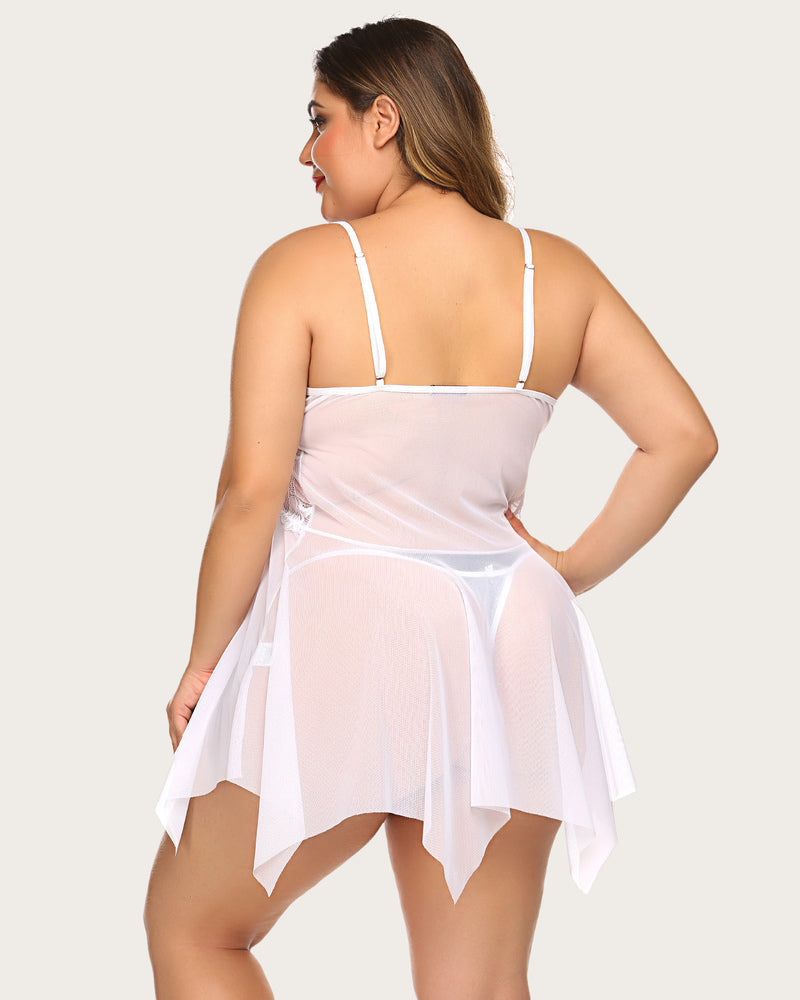 White plus size babydoll lingerie set with adjustable straps and sheer skirt