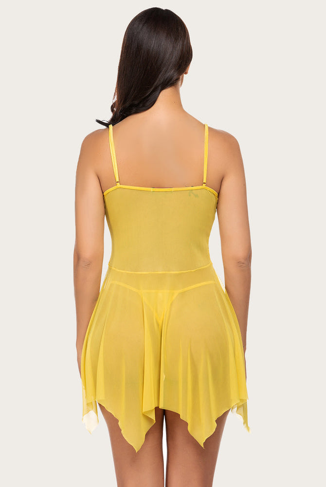 Yellow babydoll lingerie, adjustable straps, open front with mesh skirt; sexy and elegant.
