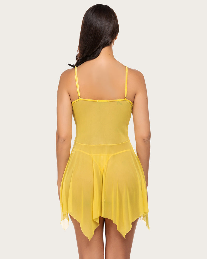 Yellow babydoll lingerie, adjustable straps, open front with mesh skirt; sexy and elegant.