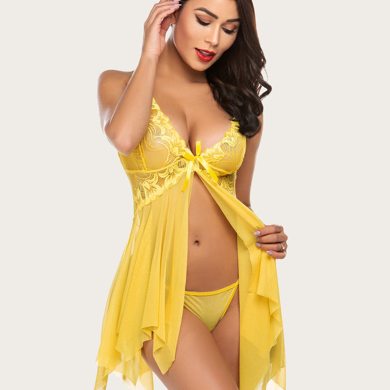 Yellow babydoll lingerie set with lace cups and open front; perfect for maternity wear