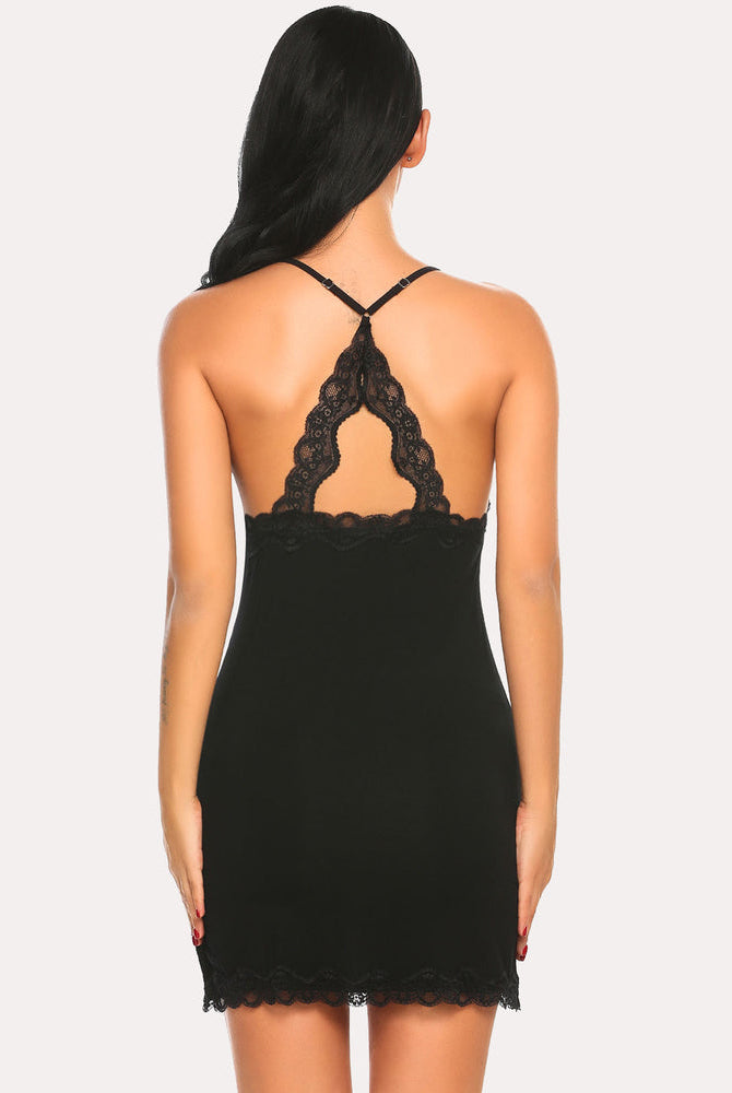 Black chemise slip dress with lace trim and spaghetti straps; sexy lingerie