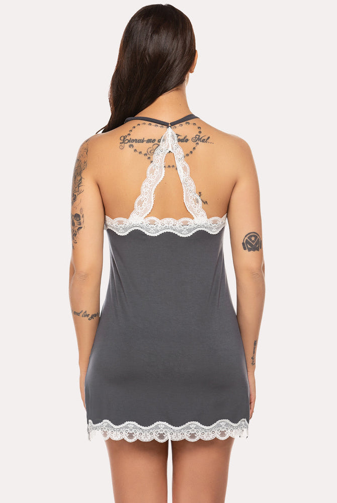 Gray Avidlove chemise slip dress with lace trim, spaghetti straps; sexy lingerie with back tattoos.