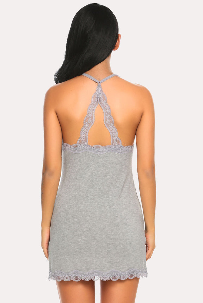 Grey full slip chemise dress with lace trim and spaghetti straps. Sexy and graceful.