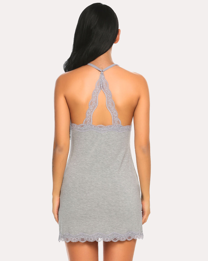 Grey full slip chemise dress with lace trim and spaghetti straps. Sexy and graceful.