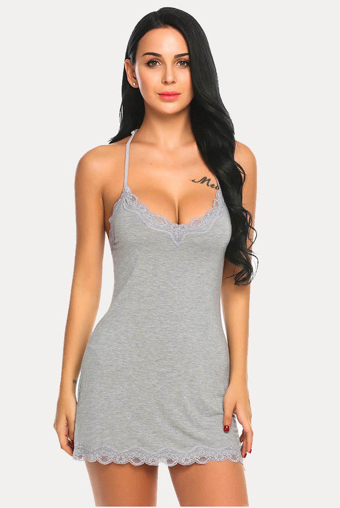 Grey chemise slip dress with lace trim and spaghetti straps. Sexy and graceful lingerie.