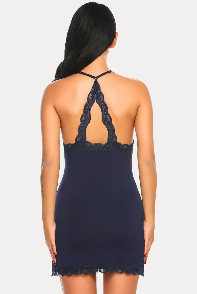 Navy chemise slip dress with lace trim, spaghetti straps, slim fit, sexy lingerie.
