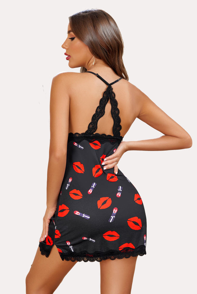 Black heart print cotton nightgown with lace trim and lipstick pattern. Sexy sleepwear.