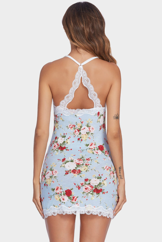 Floral print full slip dress with lace trim. Sexy lingerie with adjustable spaghetti straps.