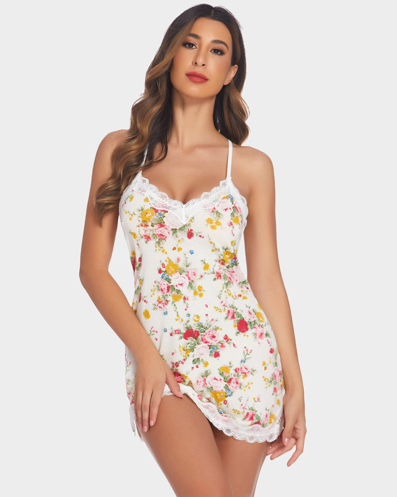 White floral full slip chemise lingerie with lace trim and spaghetti straps.