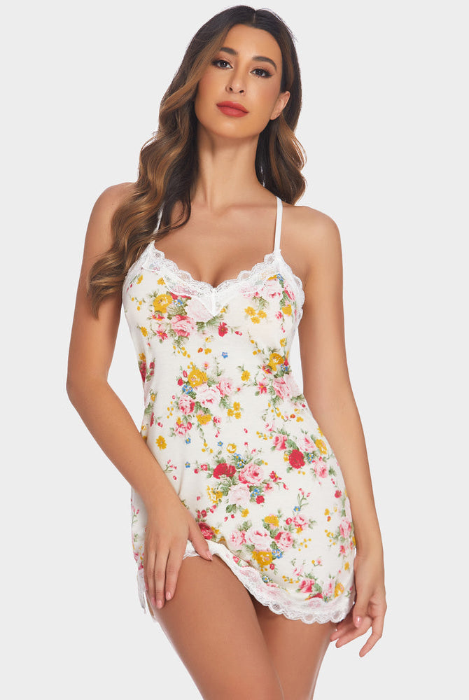 Avidlove floral print nightgown, white lace trim, halter neck slip dress with spaghetti straps.