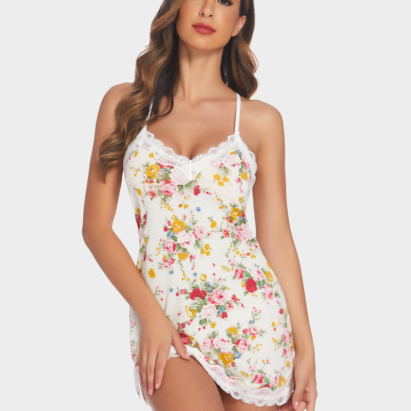 Avidlove floral print nightgown, white lace trim, halter neck slip dress with spaghetti straps.