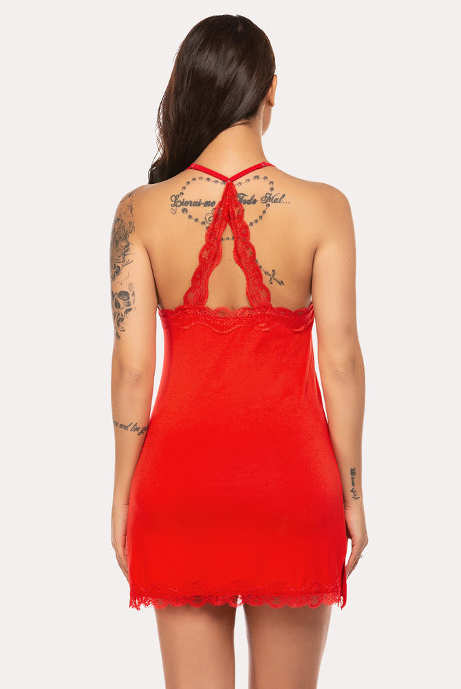 Red chemise lingerie with lace, inverted V-back and spaghetti straps; sexy sleepwear.