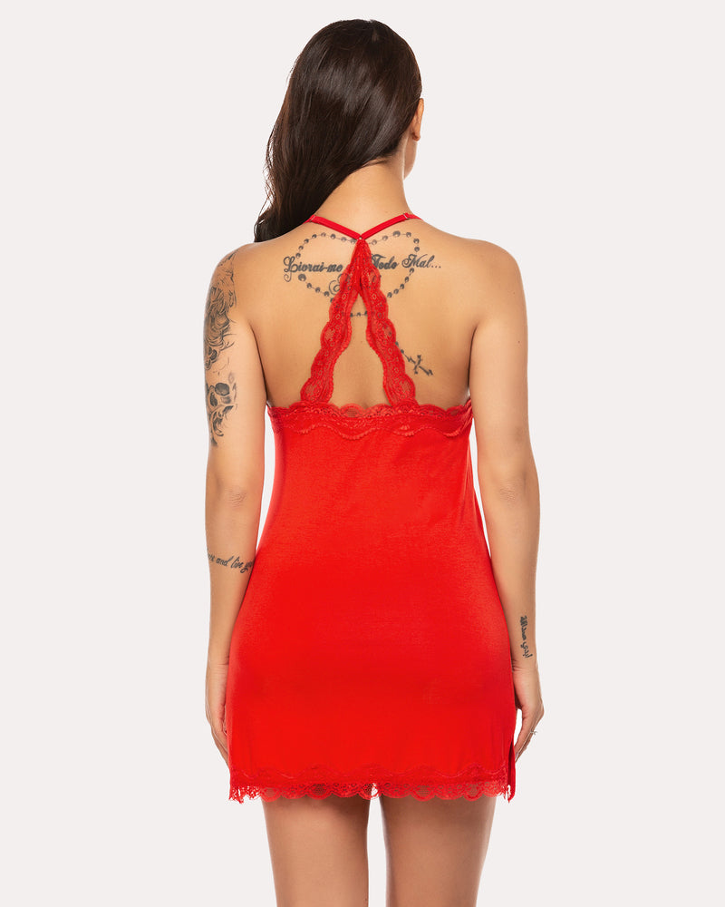 Red lace trim full slip dress with adjustable spaghetti straps; sexy lingerie for women