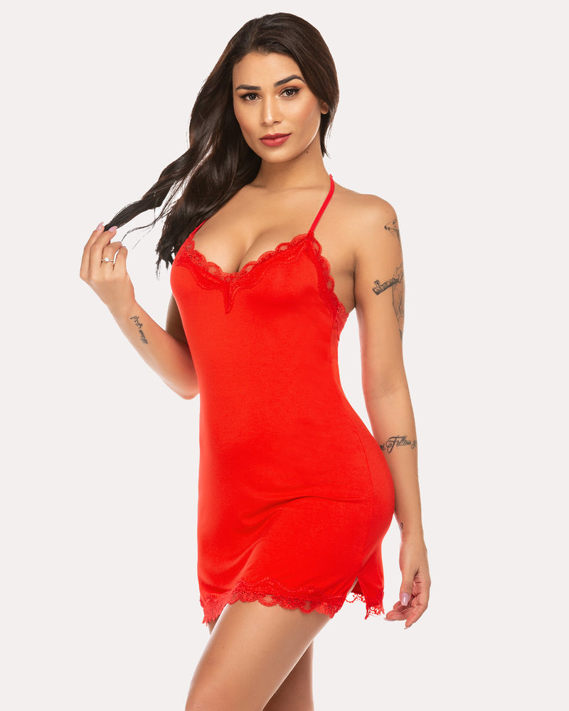 Red chemise dress with lace trim, slim fit, spaghetti straps. Sexy lingerie.