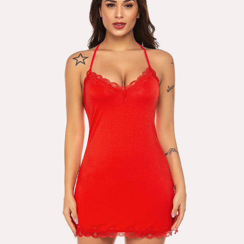Red halter neck slip dress with lace trim; sexy lingerie for women