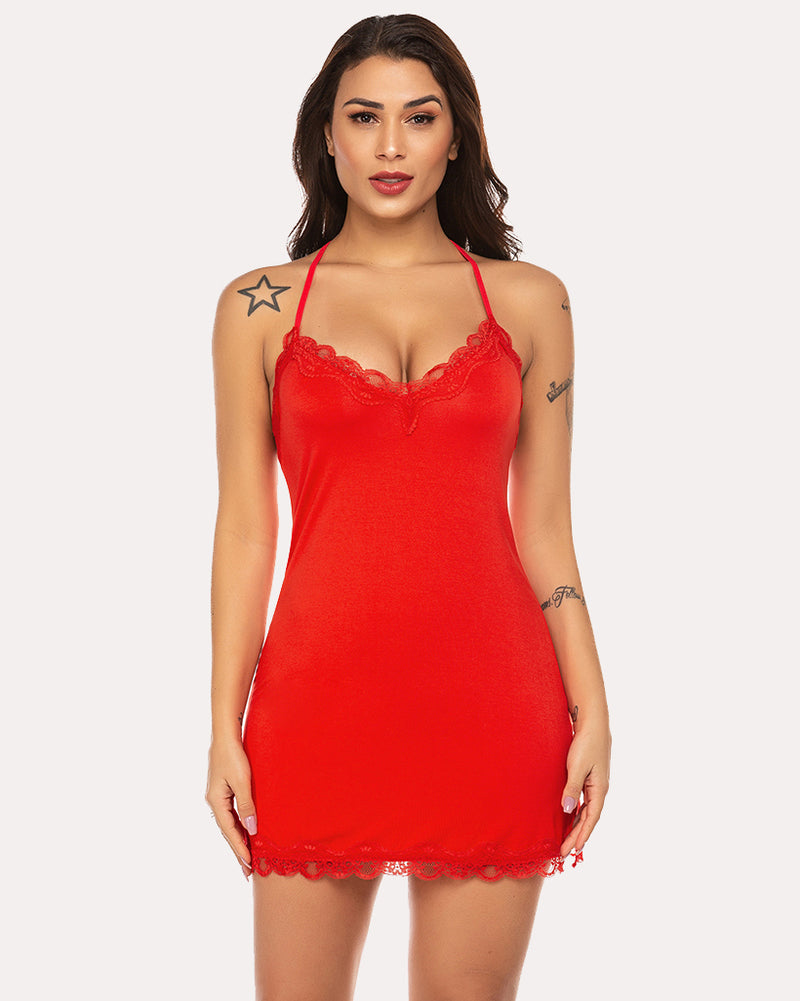 Red halter neck slip dress with lace trim; sexy lingerie for women