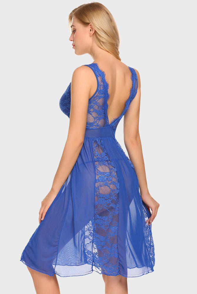 Blue lace chemise nighty with plunging neckline and mesh panels. Sexy lingerie.