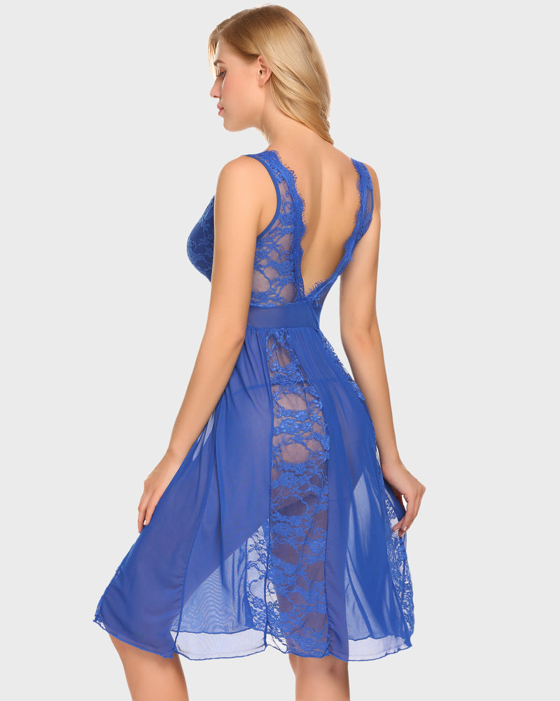 Blue lace chemise nighty with plunging neckline and mesh panels. Sexy lingerie.