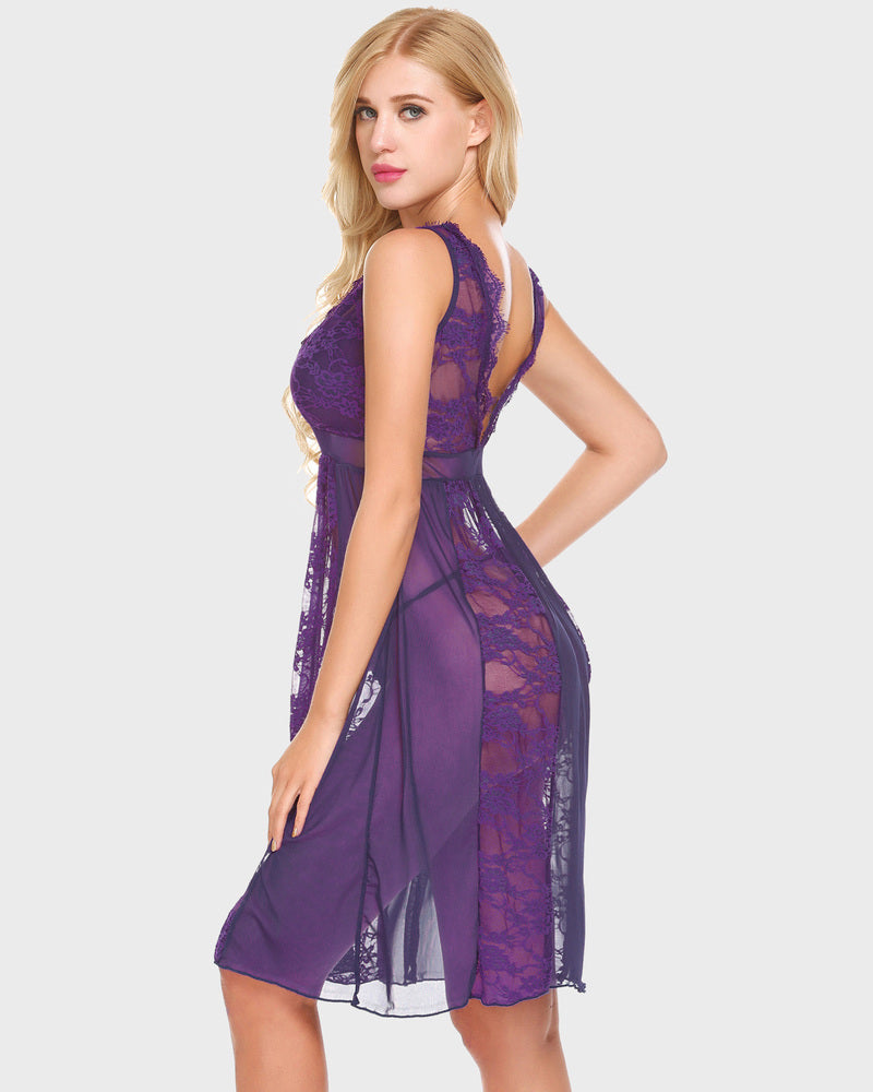 Avidlove purple lace chemise nighty with plunging neckline and mesh panels