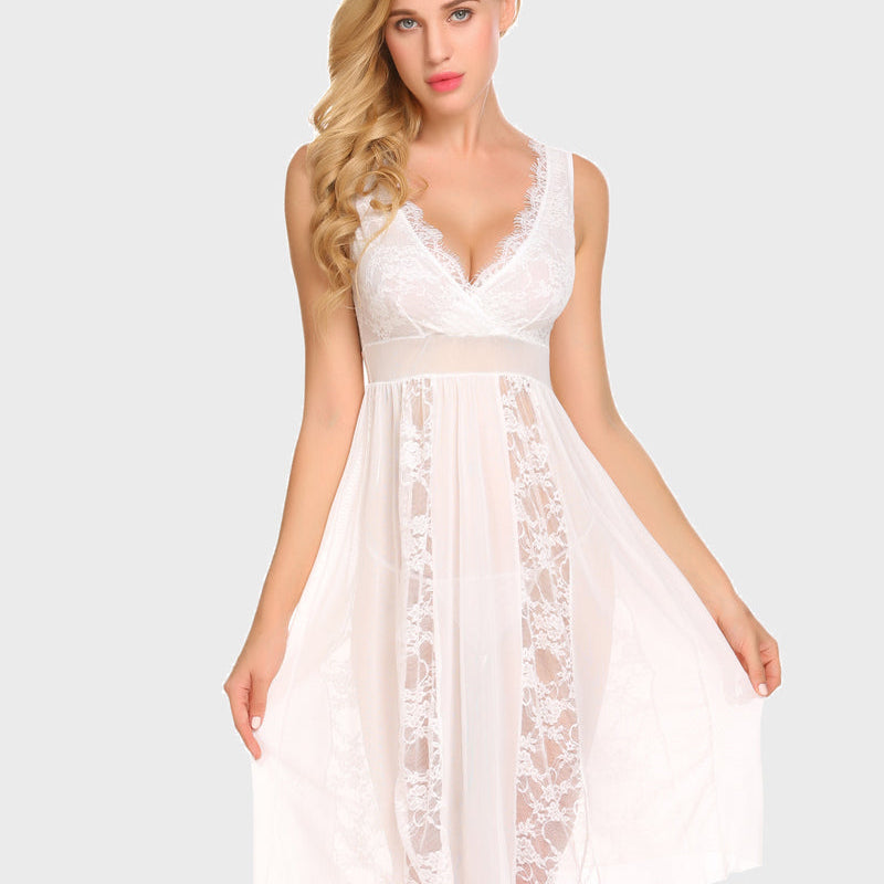 White lace chemise lingerie nighty with plunging V-neck, mesh panels, designed to accentuate curves.
