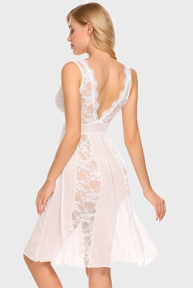 White lace chemise lingerie nighty with plunging V-neck, mesh panels for sexy lingerie