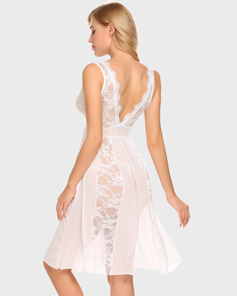 White lace chemise lingerie nighty with plunging V-neck, mesh panels for sexy lingerie