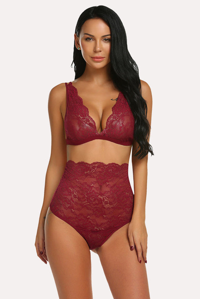 Wine red lace high-waist bra and panty set, scalloped triangle bralette and briefs