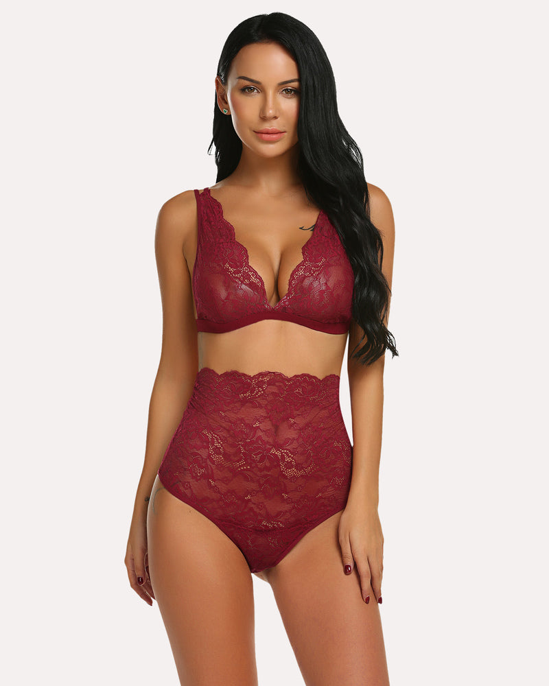 Burgundy lace lingerie set: high waist bra and panty with adjustable straps. Avidlove.