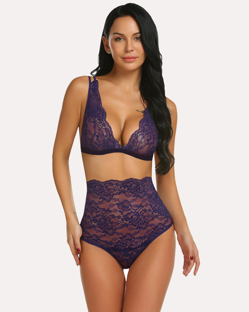 Blue floral lace high waist bra and panty set. Soft, adjustable straps lingerie by Avidlove.