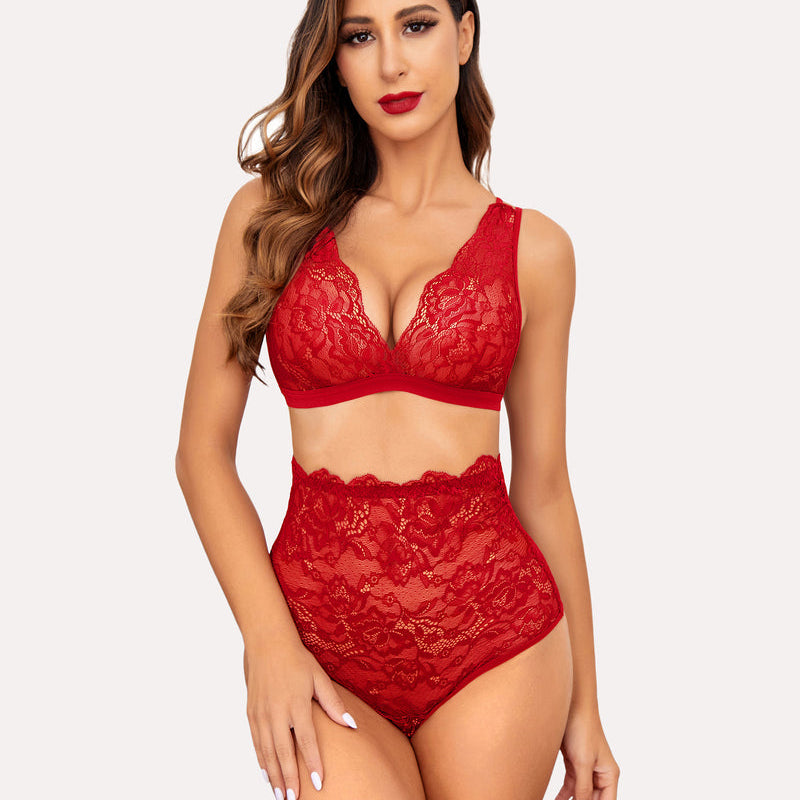 Red floral lace high waist bra and panty set, V-neck design, soft material, by Avidlove