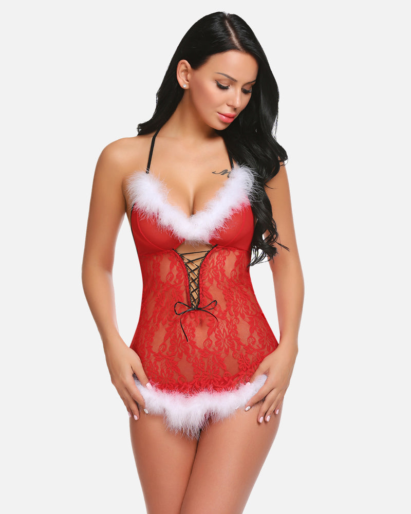 Red lace Christmas Santa lingerie teddy with feather trim, ideal for honeymoon night.
