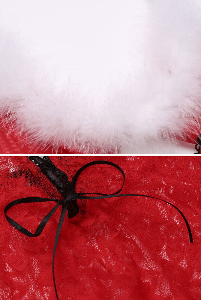 Red lace Christmas Santa teddy with white feather trim and black bow, ideal for honeymoon