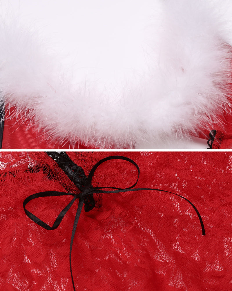 Red lace Christmas Santa teddy with white feather trim and black bow, ideal for honeymoon