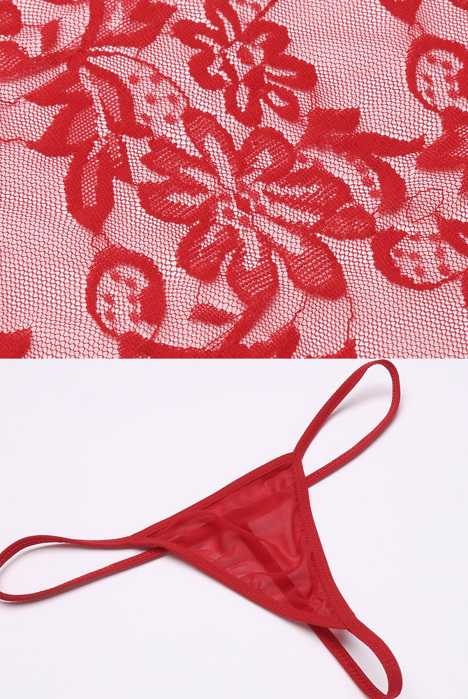 Red floral lace lingerie set, including teddy and thong, perfect for a honeymoon night.