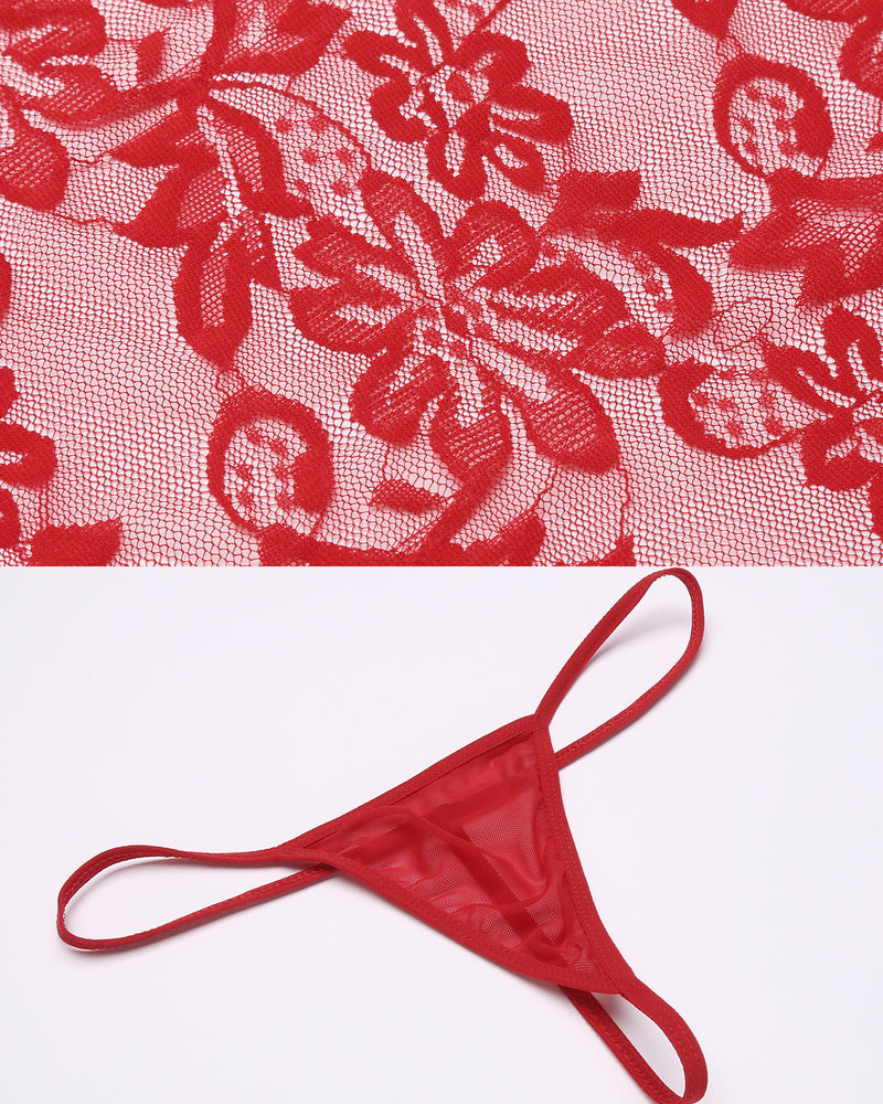 Red floral lace lingerie set, including teddy and thong, perfect for a honeymoon night.