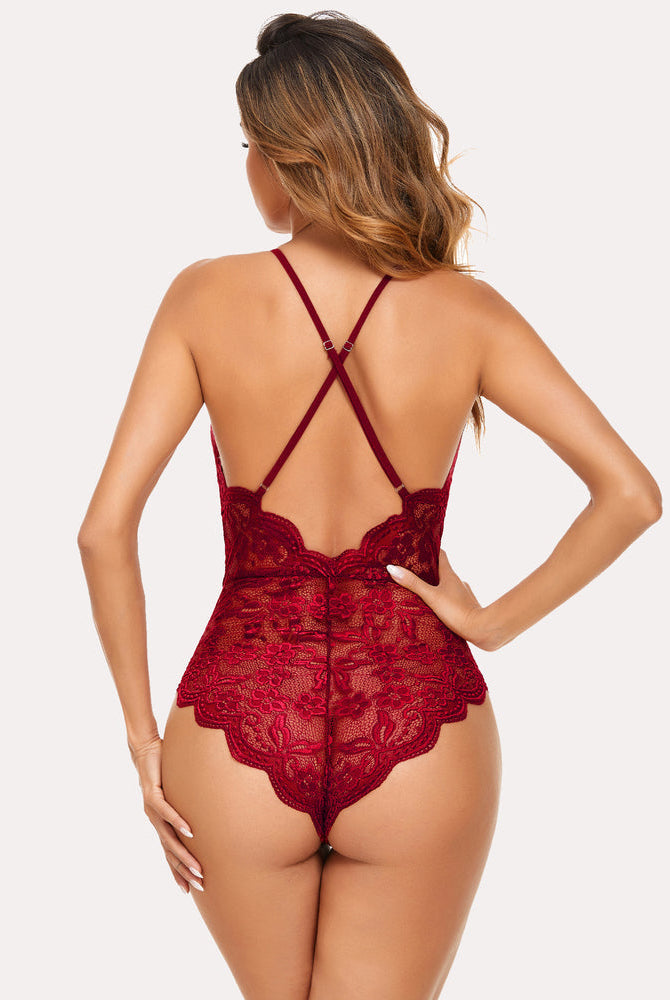 Red lace teddy lingerie bodysuit with crisscross back, floral details, Avidlove one piece