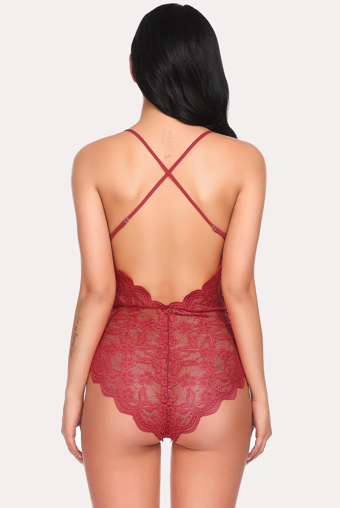 Red floral lace one piece lingerie teddy with crisscross straps and deep V-neck