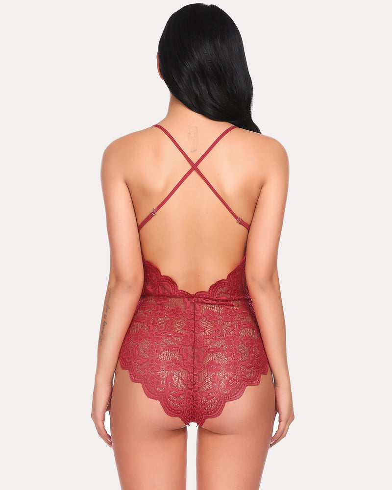 Red floral lace one piece lingerie teddy with crisscross straps and deep V-neck