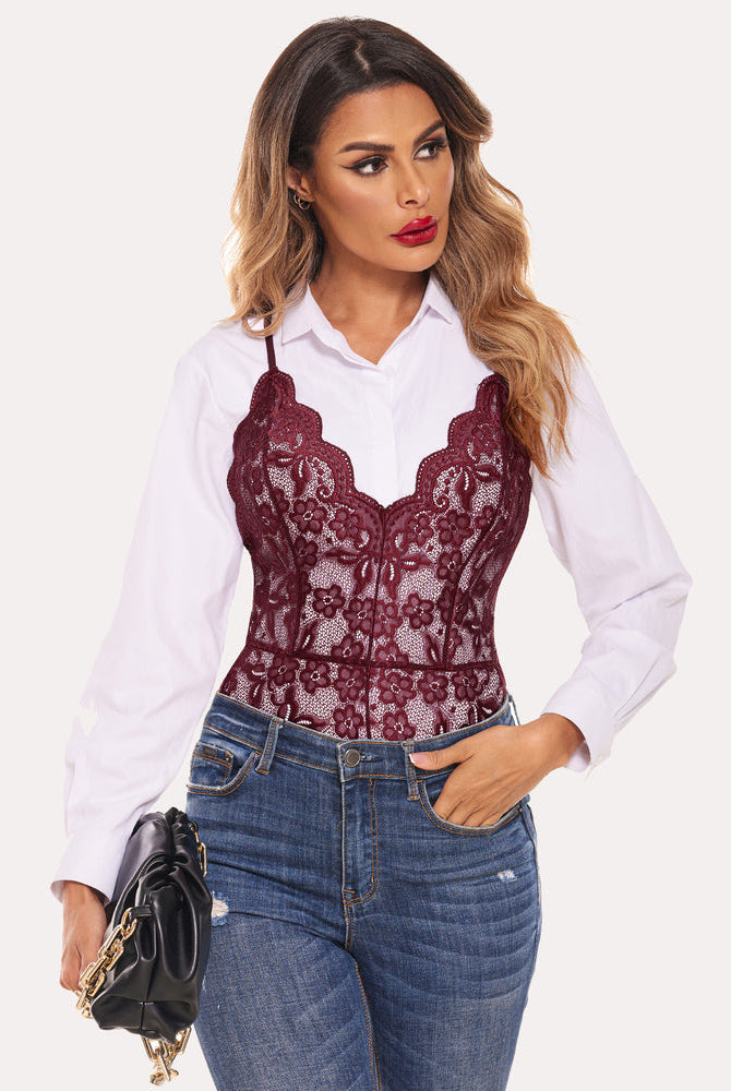 Burgundy floral lace teddy bodysuit with adjustable straps over white shirt, everyday lingerie