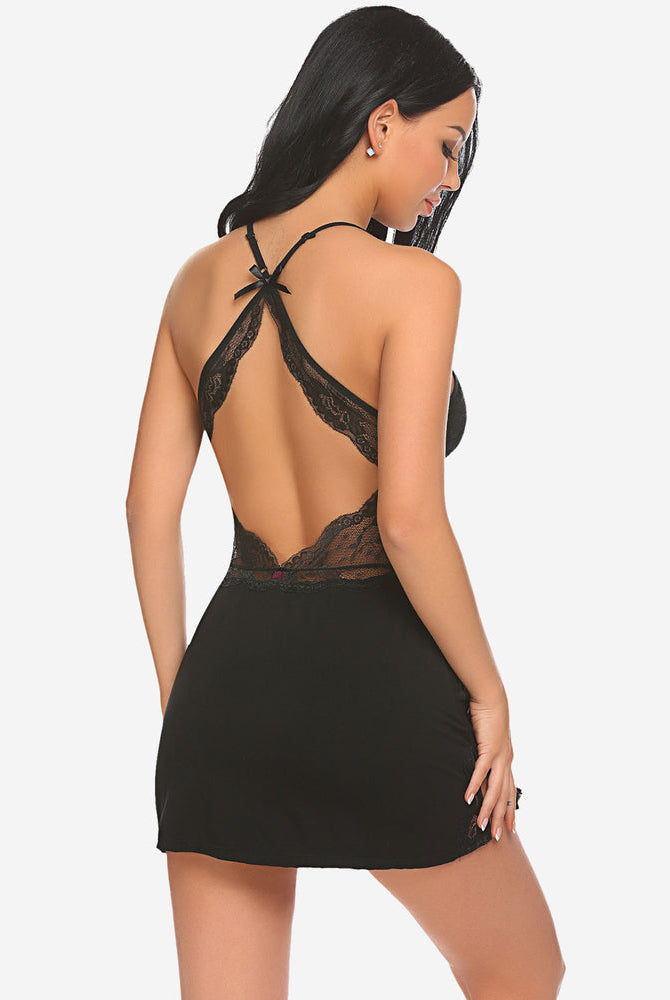 Avidlove black chemise lingerie with lace back detail and adjustable straps