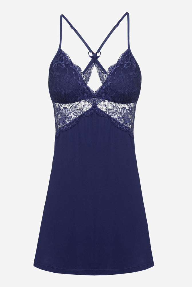 Navy blue lace chemise lingerie with adjustable straps, perfect for a sensual and comfortable night.