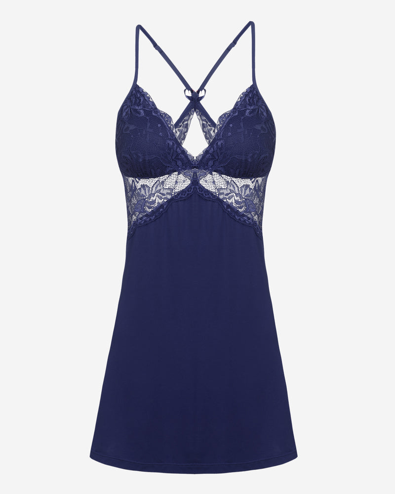 Navy blue lace chemise lingerie with adjustable straps, perfect for a sensual and comfortable night.