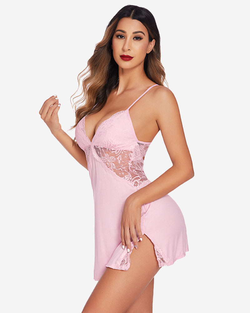 Pink lace chemise babydoll lingerie with adjustable spaghetti straps, soft and sexy design.